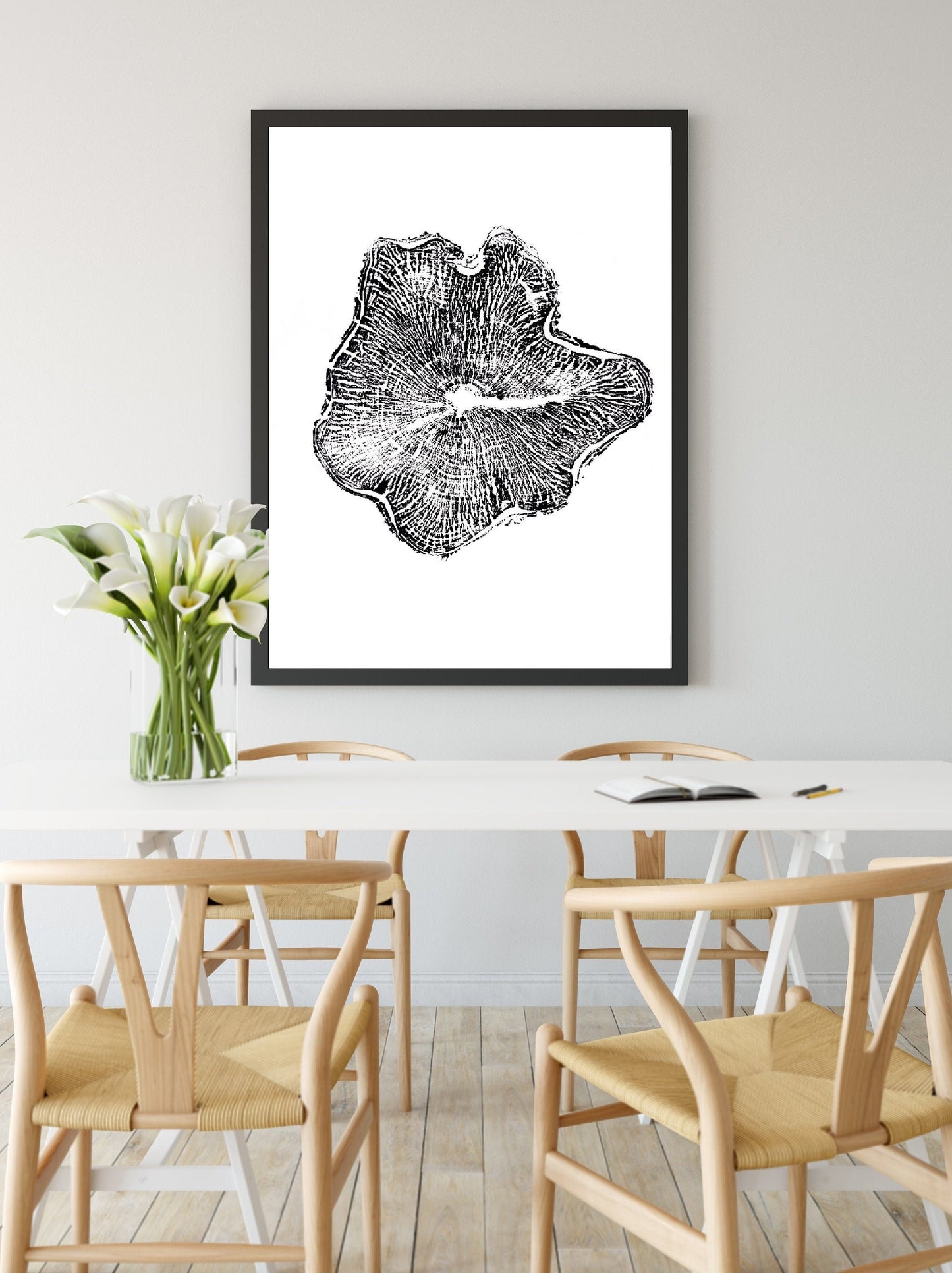 Handmade Ash Tree Ring Print, 36X24 Inch Large Tree Trunk Art, Black and White Print Wall Art, Minimalist Decoration, Housewarming Day Gift